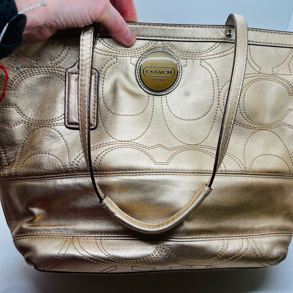 Coach Metallic Gold Signature Stitched Leather Tote For Women EUC - Picture 5 of 9